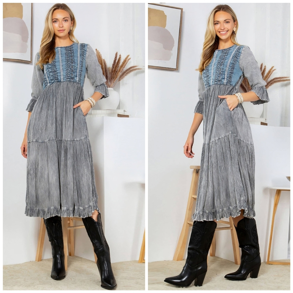 Boho Tiered Midi Dress with Blue Panel